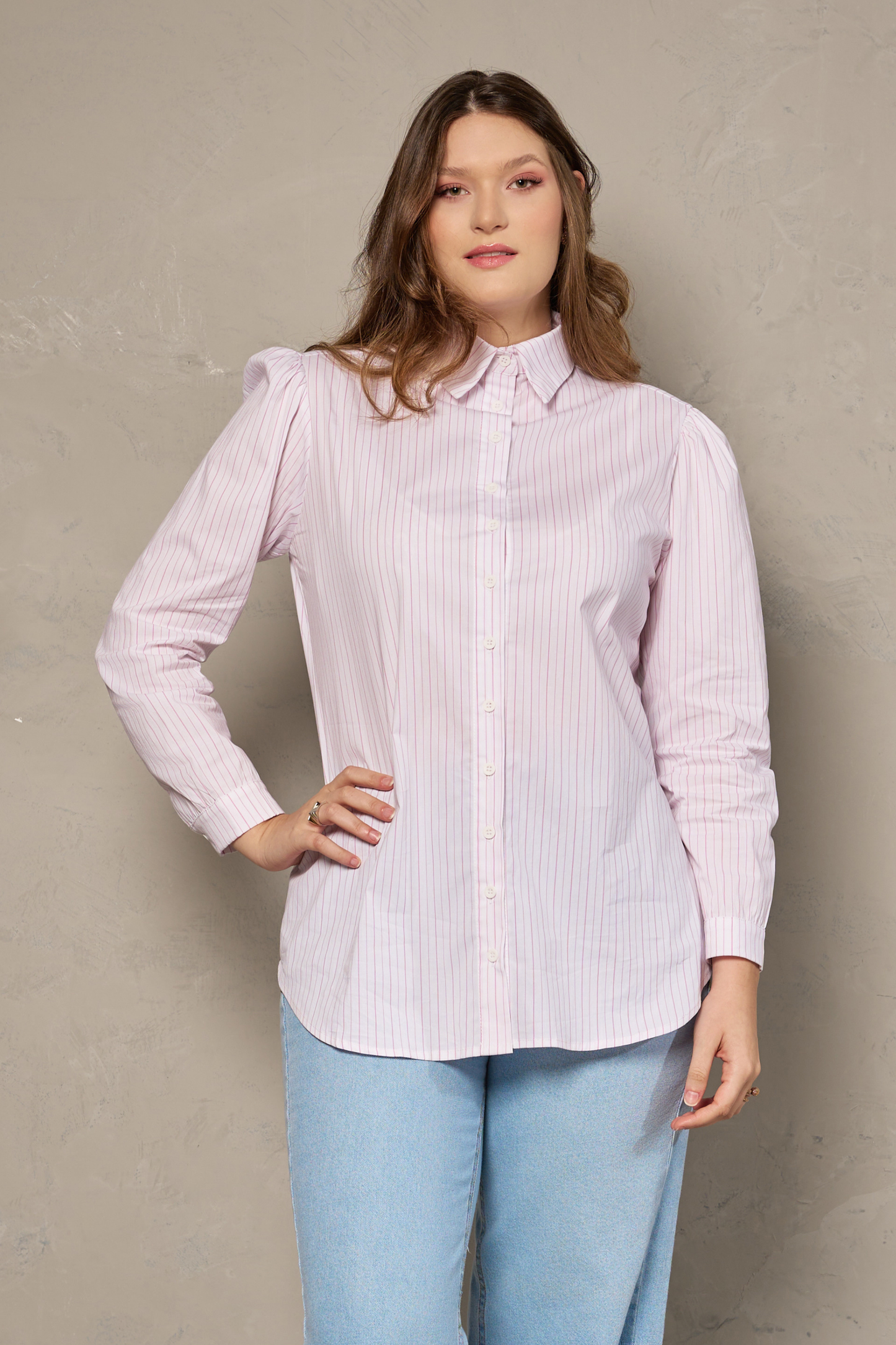 Camisa Sálvia Branco e Rosa